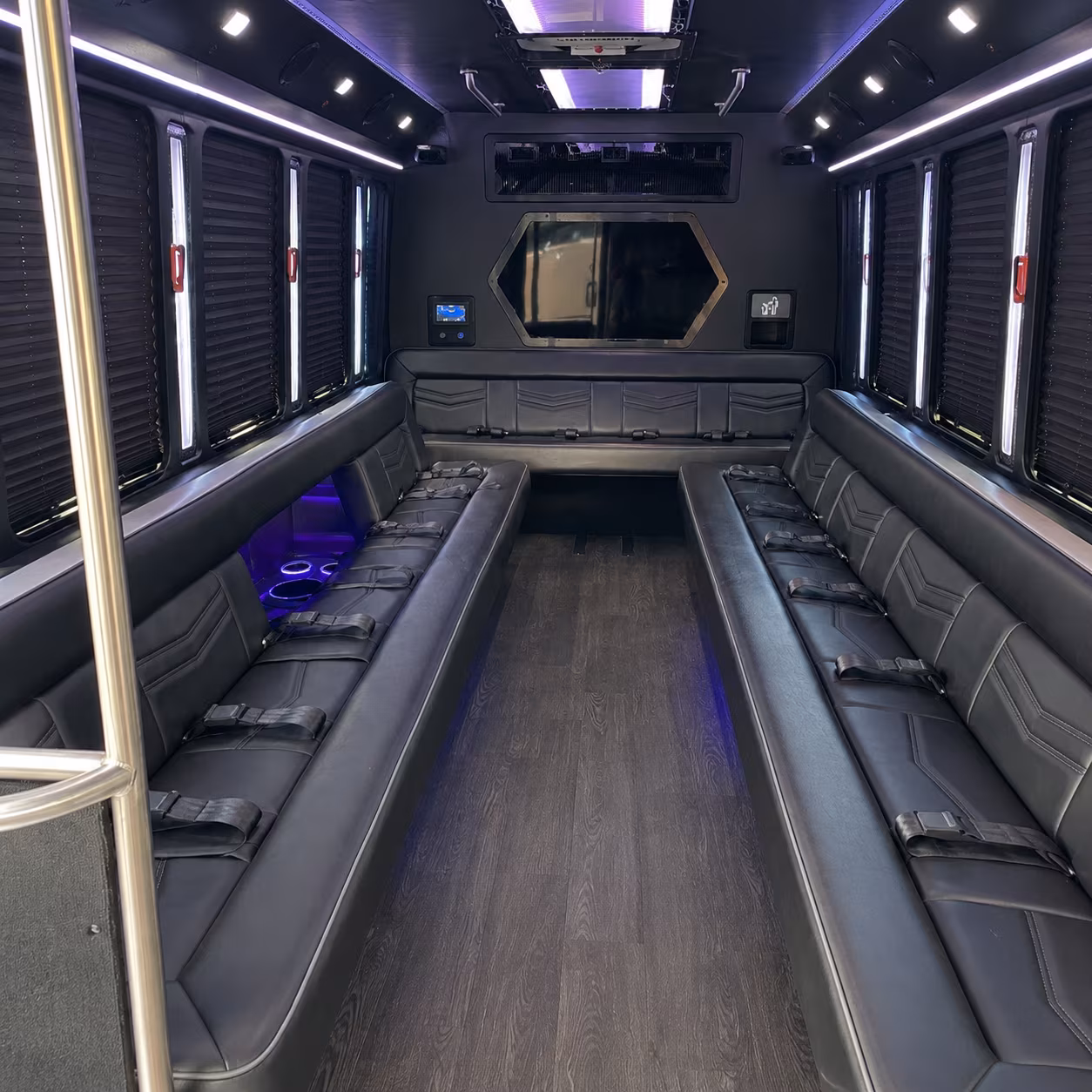 Passenger watching the Minneapolis scenery during a regional party bus road trip